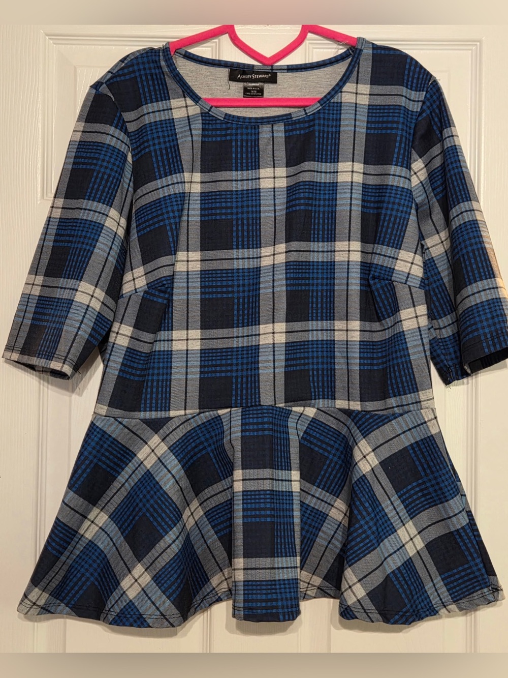 Ashley Stewart Blue Plaid Flared Peplum Knit Top Size 14/16